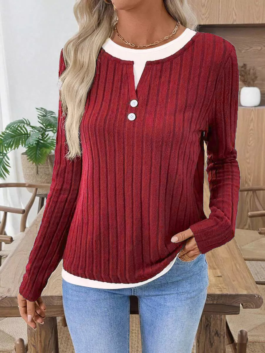 Deep Red Ribbed knit long sleeve henley with contrast trim