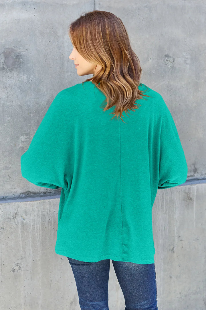 Relaxed drop-shoulder round neck long sleeve top