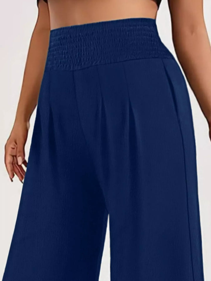 Plus-size high-waist smocked wide-leg pants