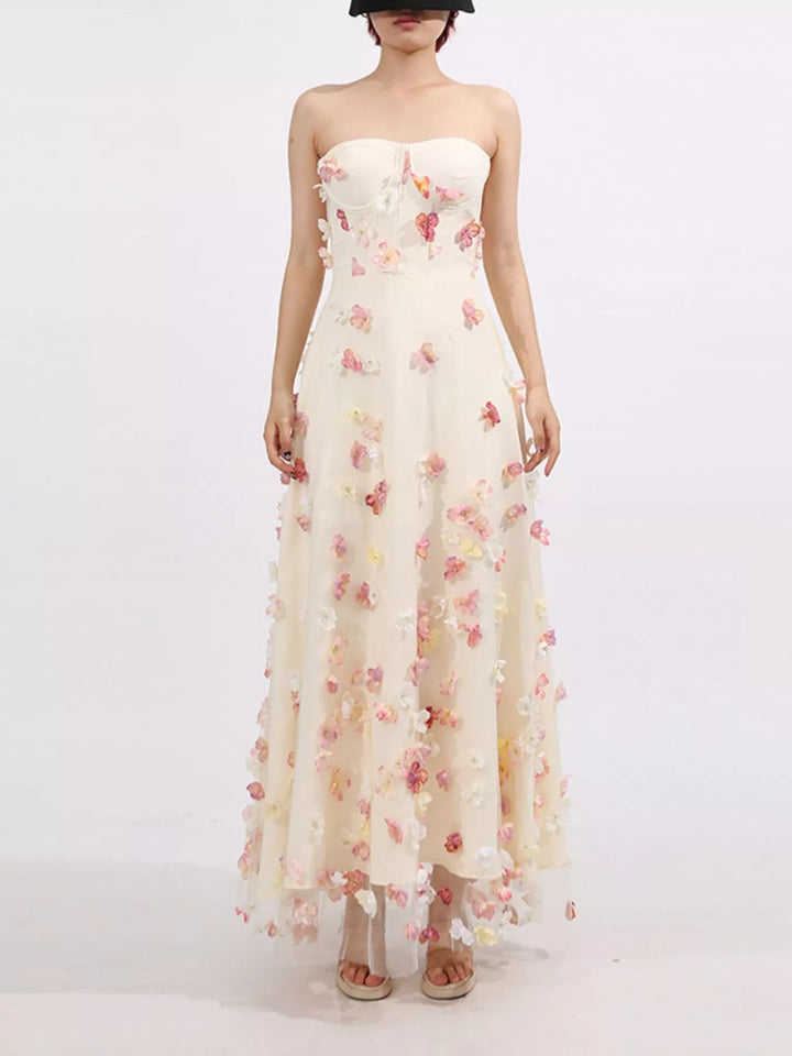 Strapless tulle maxi dress with 3D floral appliques
