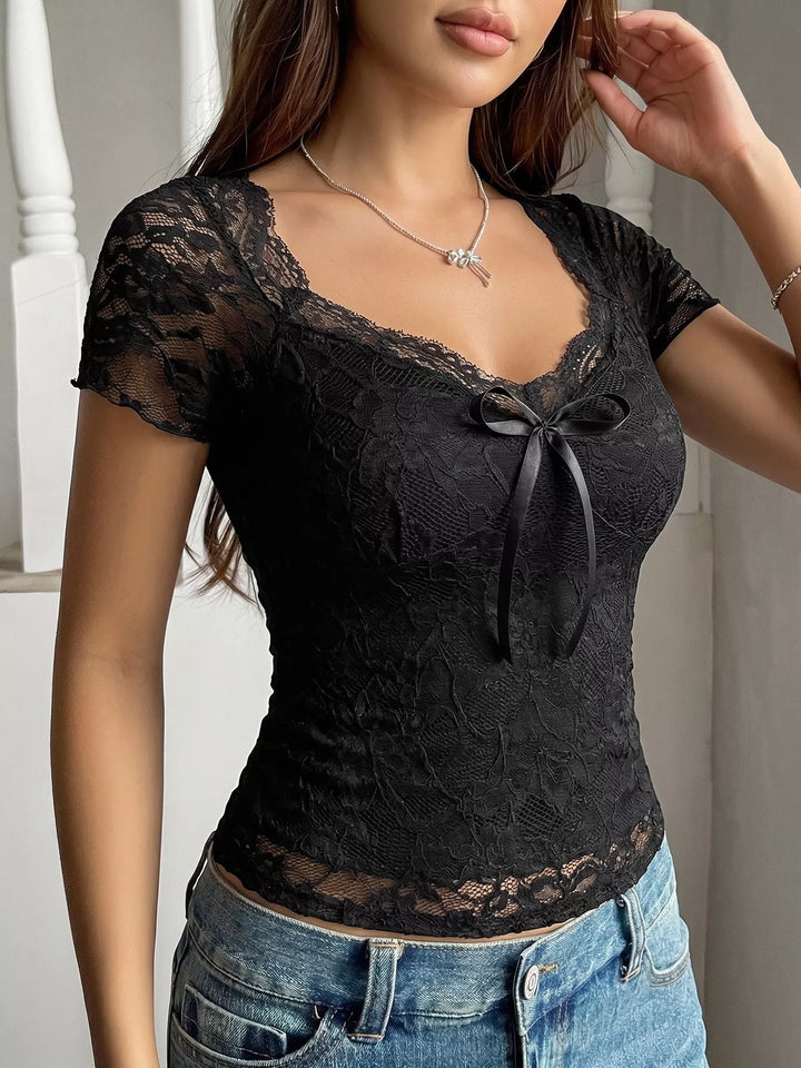 Floral lace bow-tie top with sweetheart neckline