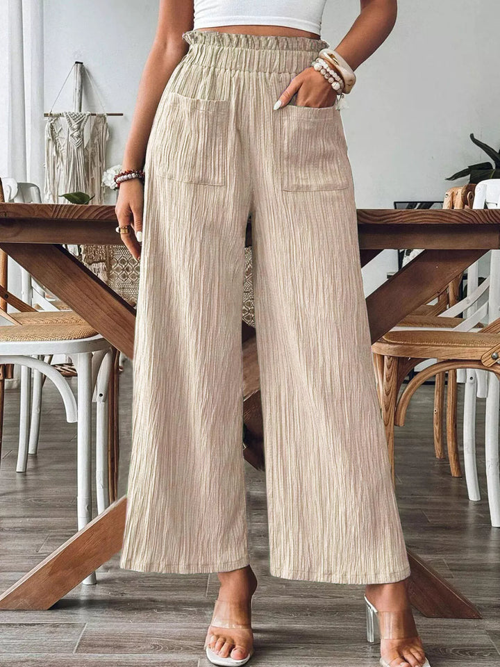 Tan Crinkle ruched high-waist wide leg pants with pockets