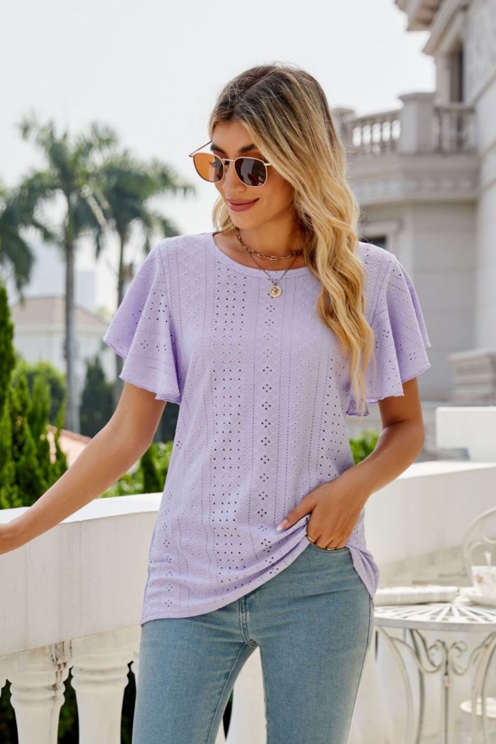 Eyelet knit flutter sleeve round neck top