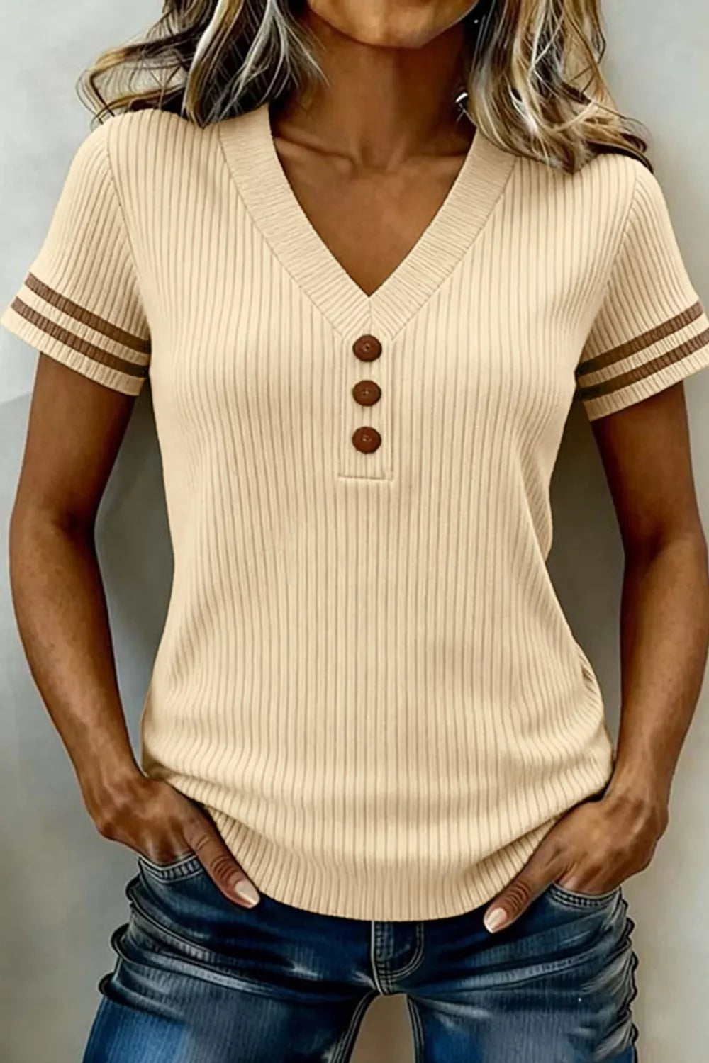 Beige Ribbed knit V-neck top with striped sleeves and button placket