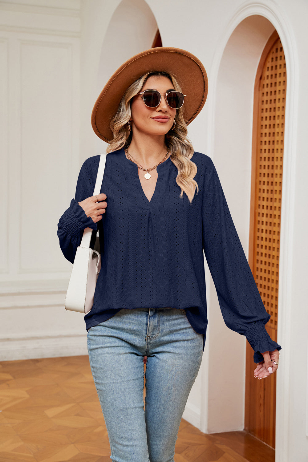 Navy Eyelet notched-neck blouse with flounce sleeves