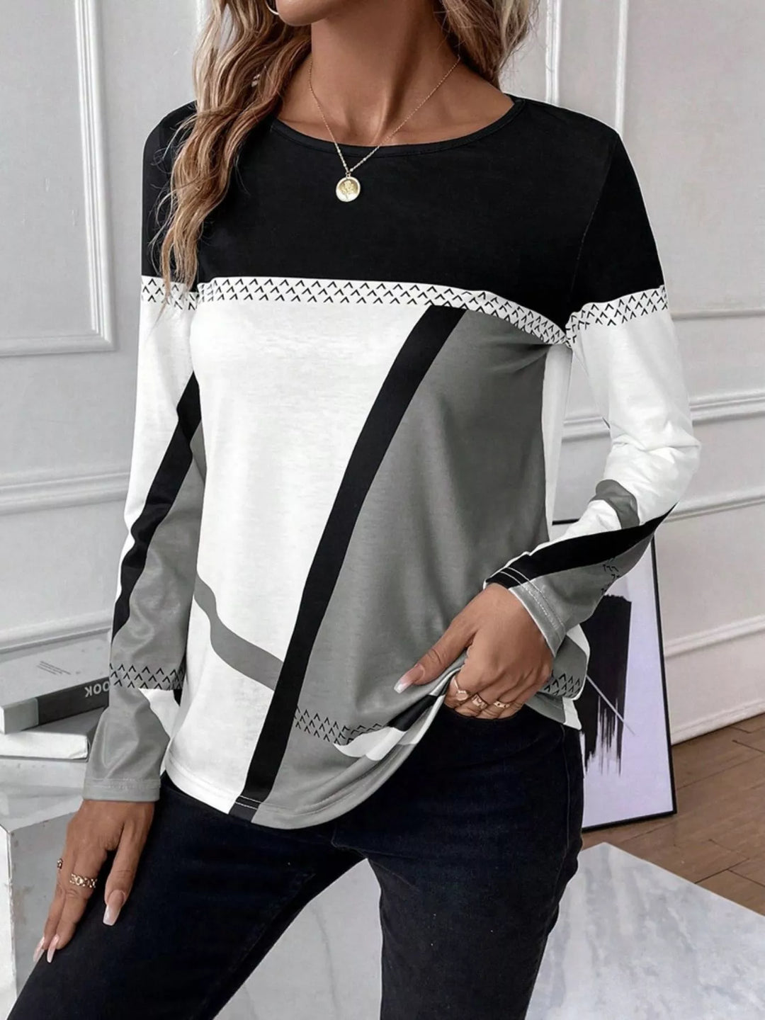 Geometric color block long sleeve crew neck top