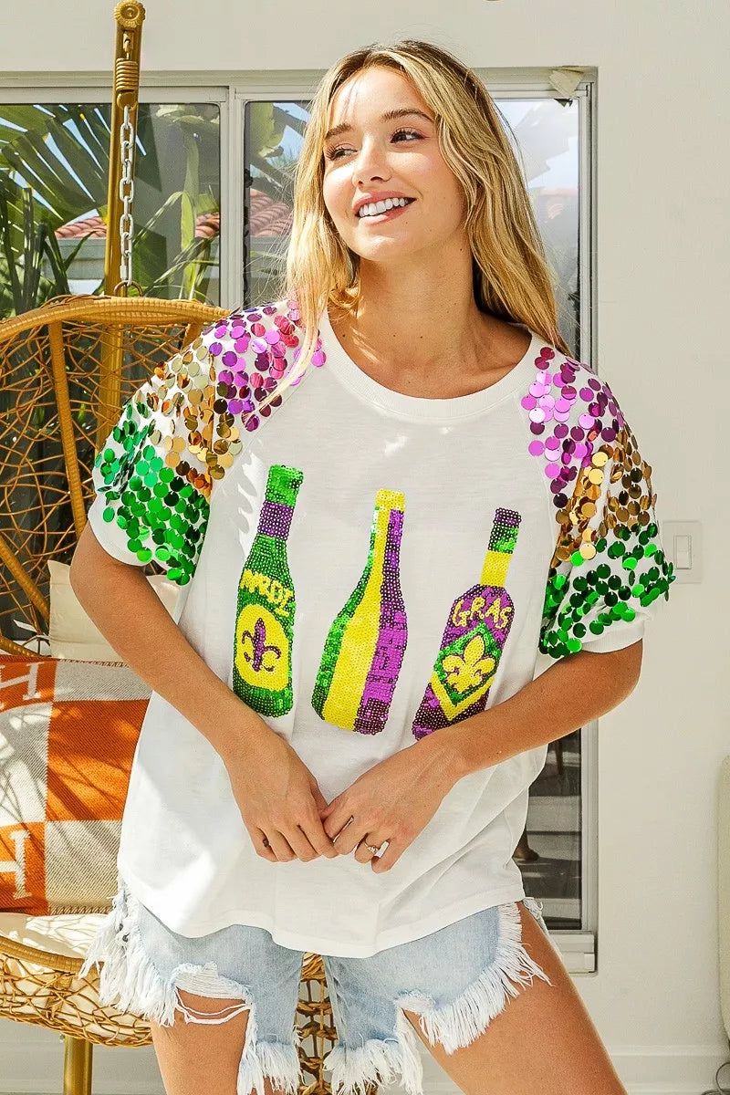 Sequin Mardi Gras bottles graphic tee with paillette sleeves