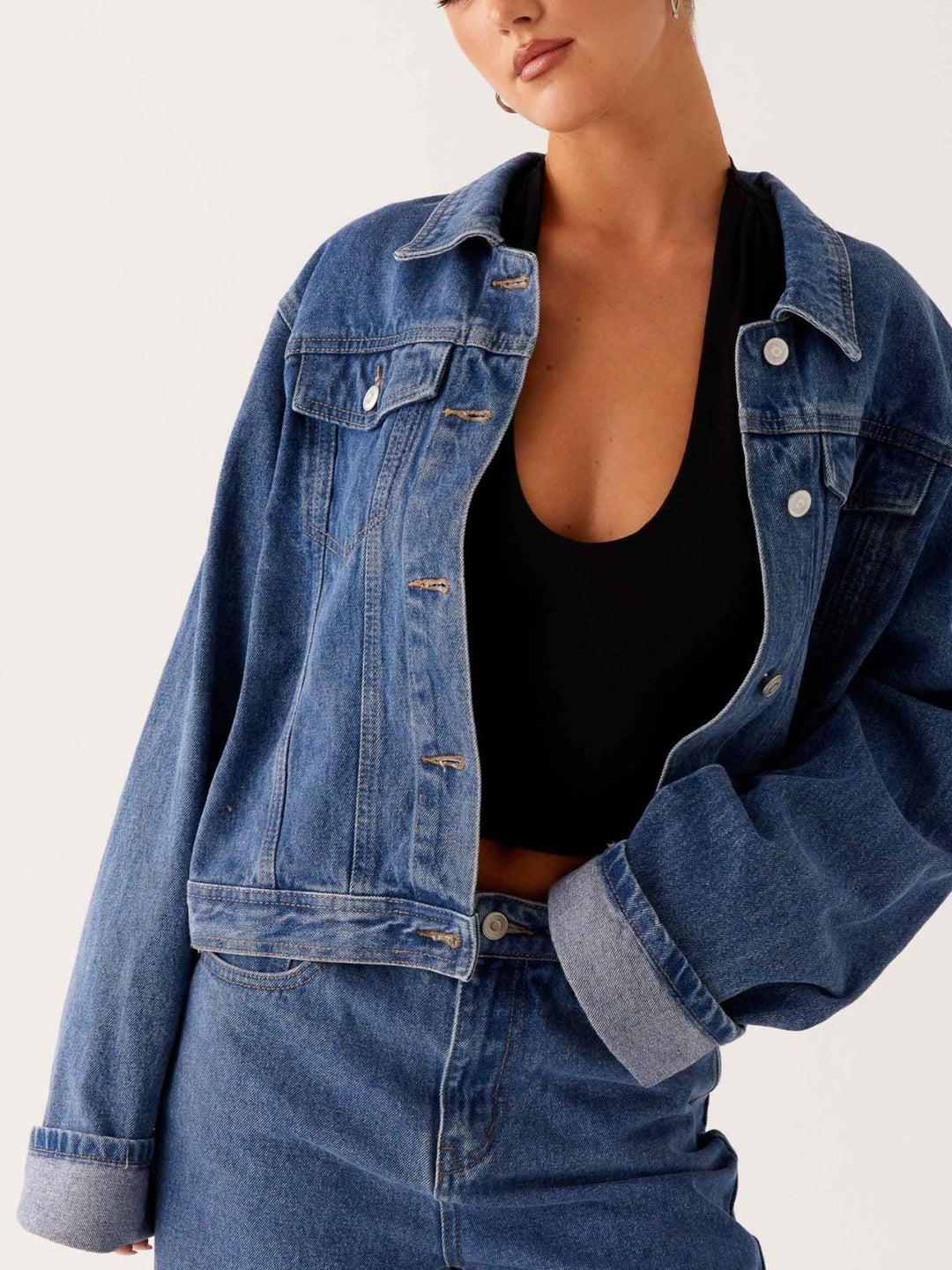 Oversized cropped denim jacket with chest flap pockets