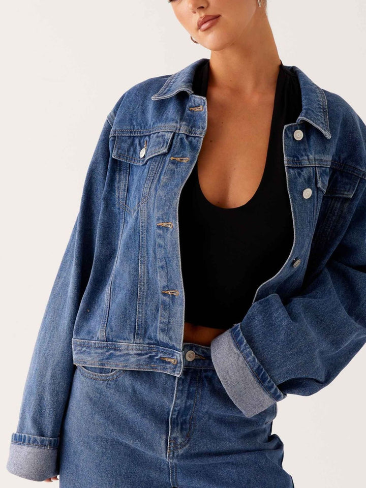 Oversized cropped denim jacket with chest flap pockets