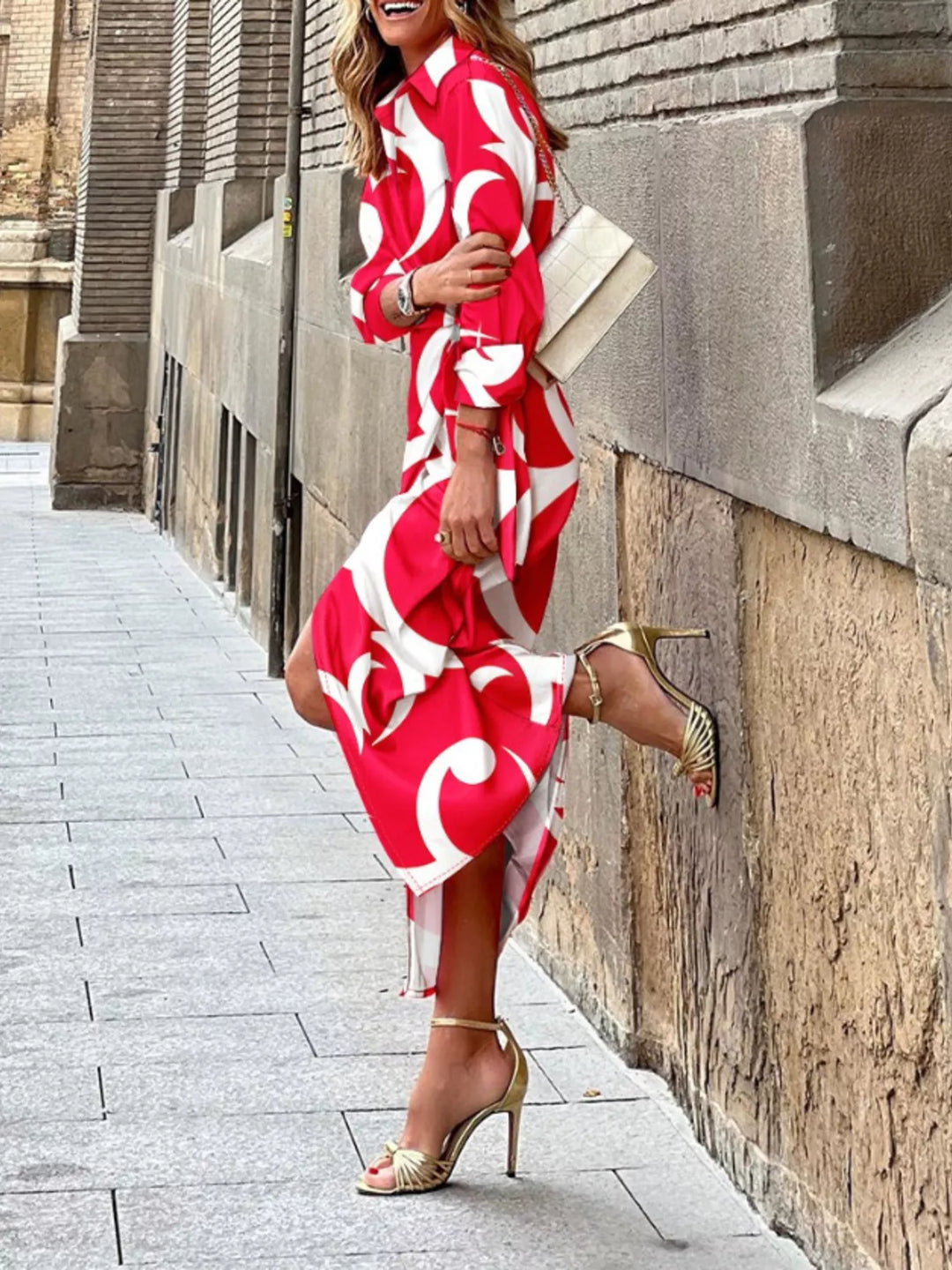 Abstract print collared shirt dress with tie waist