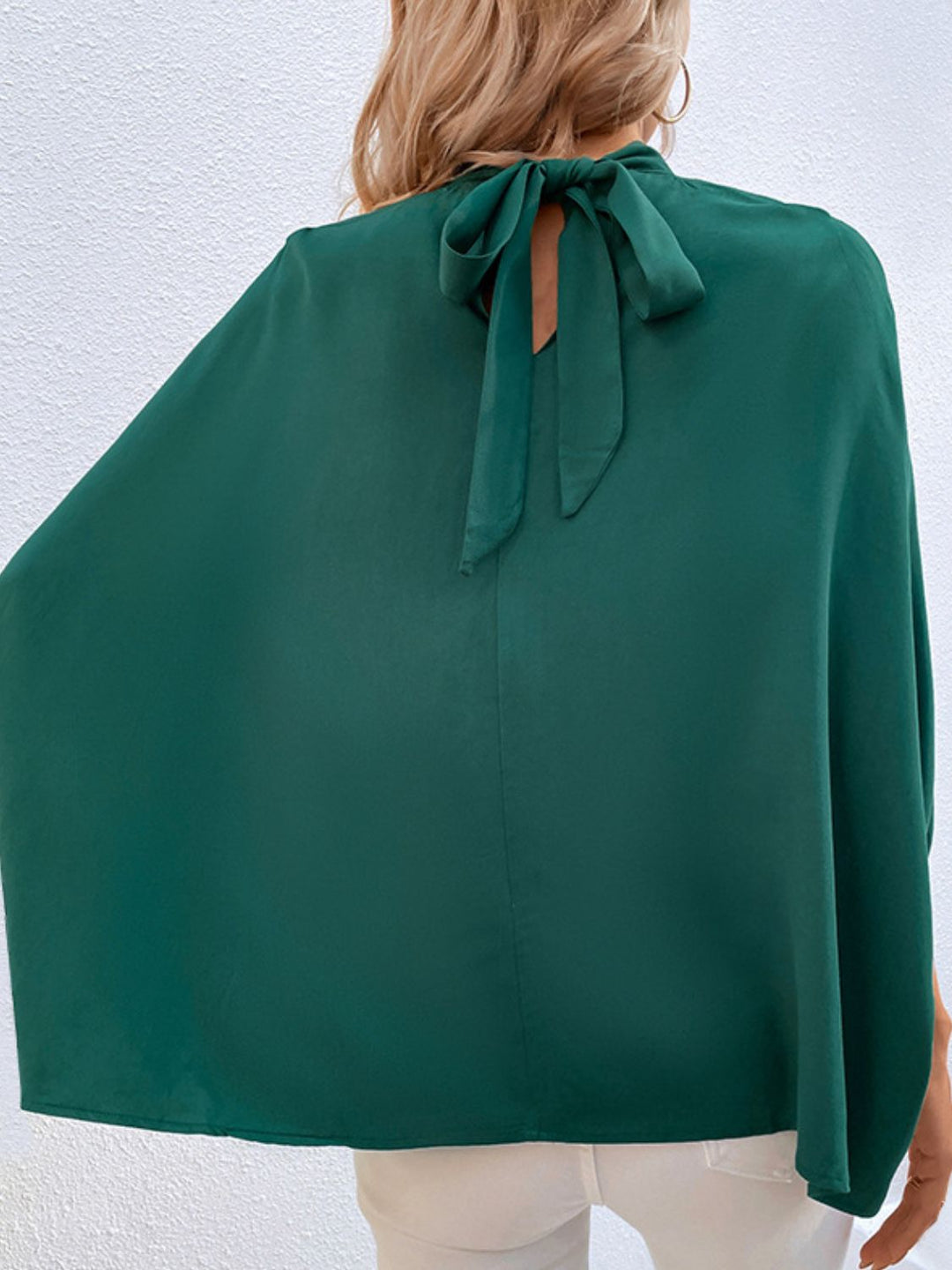 Tie-back mock neck blouse with split sleeves