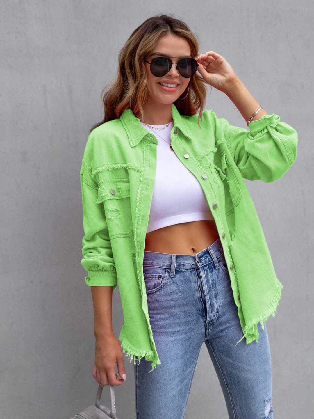 Green Apple Distressed drop shoulder denim jacket with fringe hem