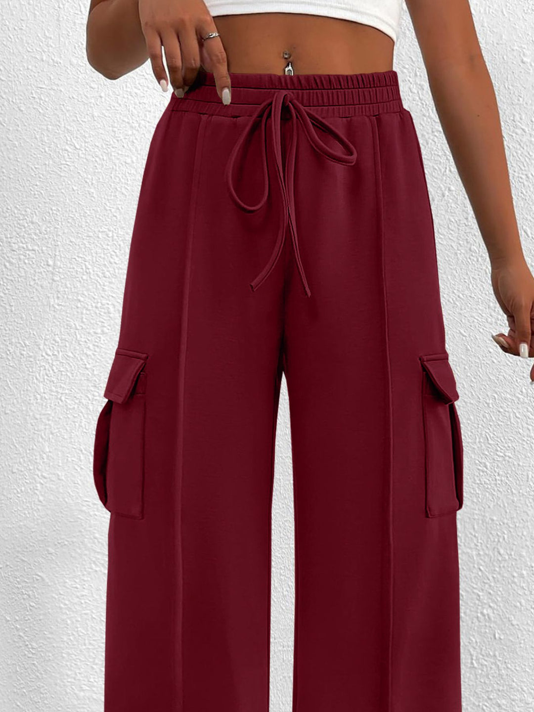 Drawstring high-waist wide-leg cargo pants with flap pockets