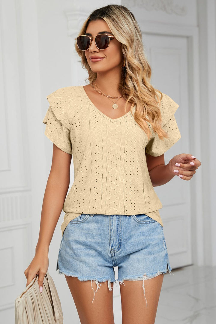 Light Yellow Eyelet knit V-neck top with layered flutter sleeves
