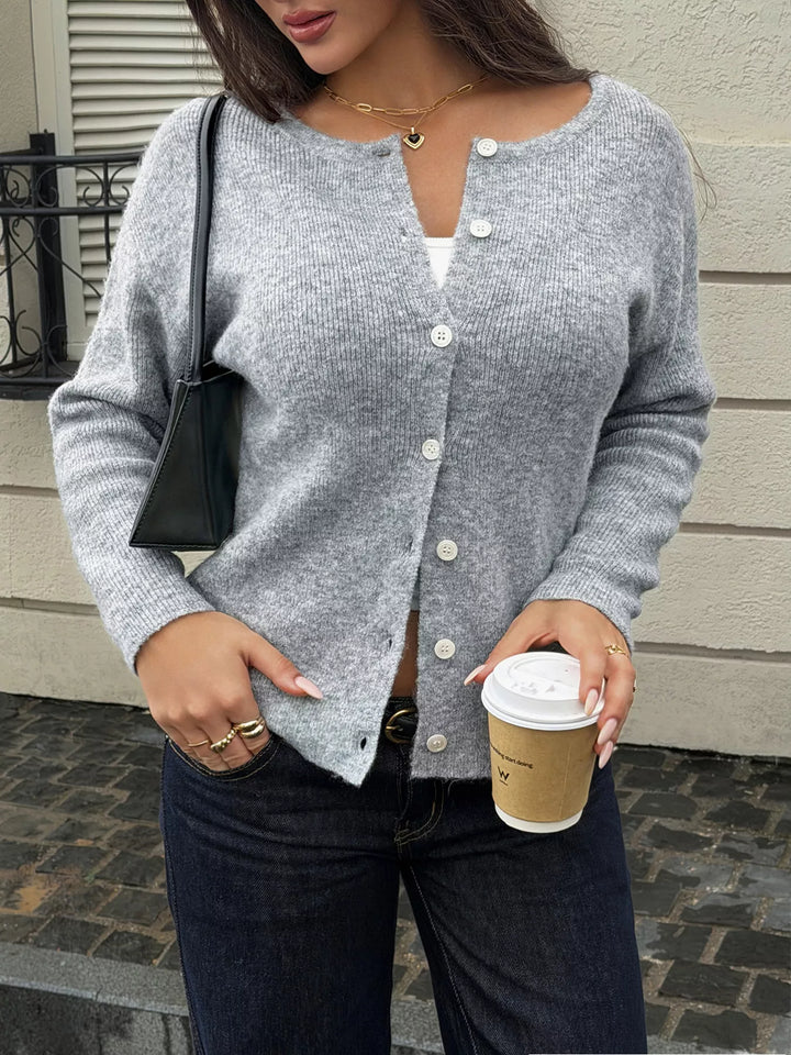 Gray Soft ribbed knit button-down cardigan with drop shoulders