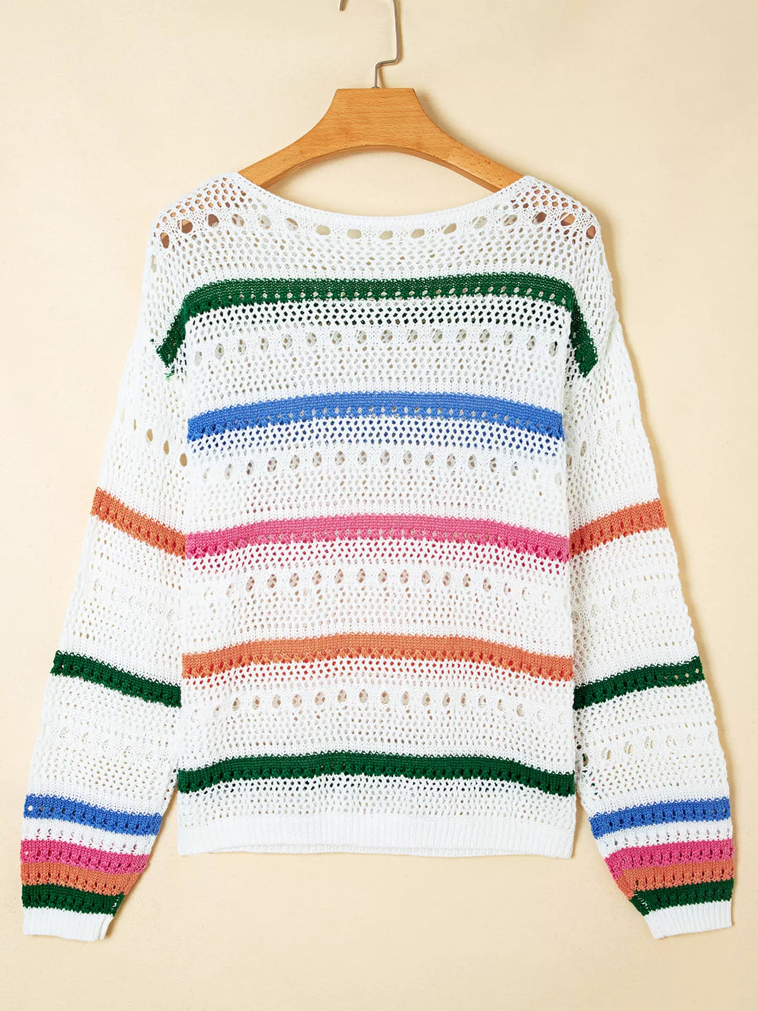 Striped pointelle open-knit pullover sweater