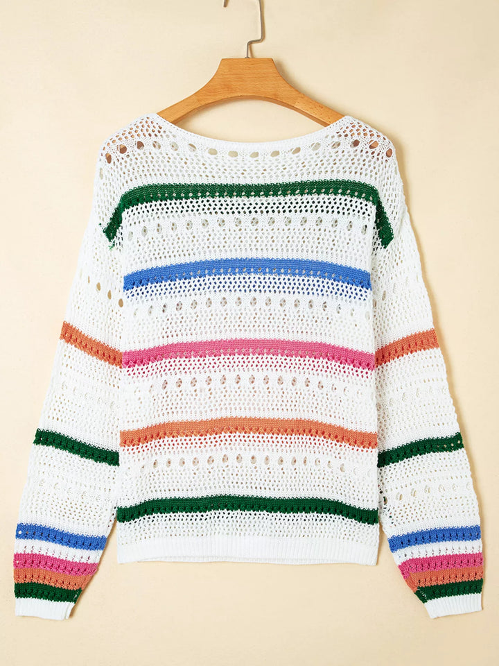 Striped pointelle open-knit pullover sweater
