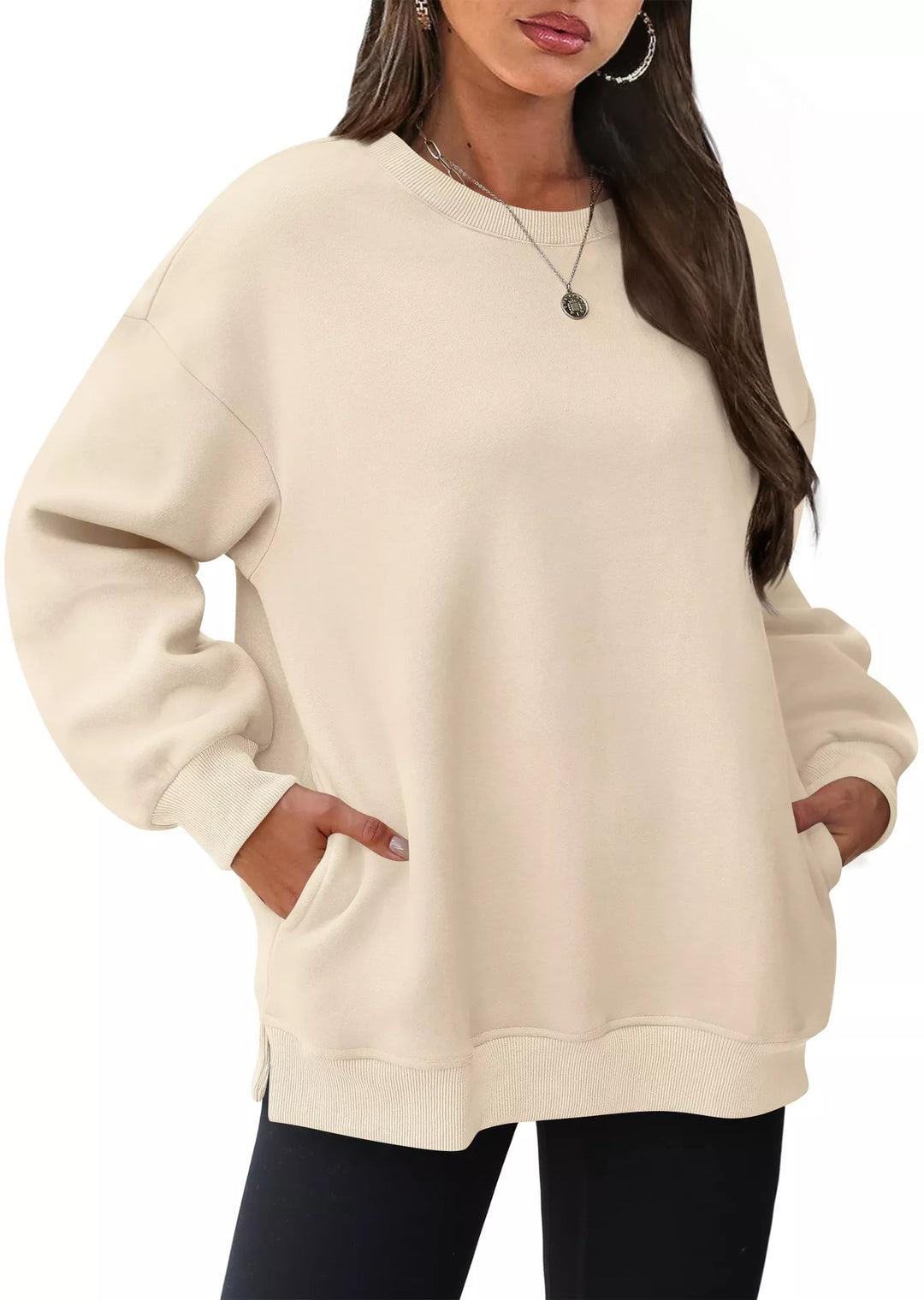 Pastel Yellow Relaxed crew neck sweatshirt with side pockets and slit hem