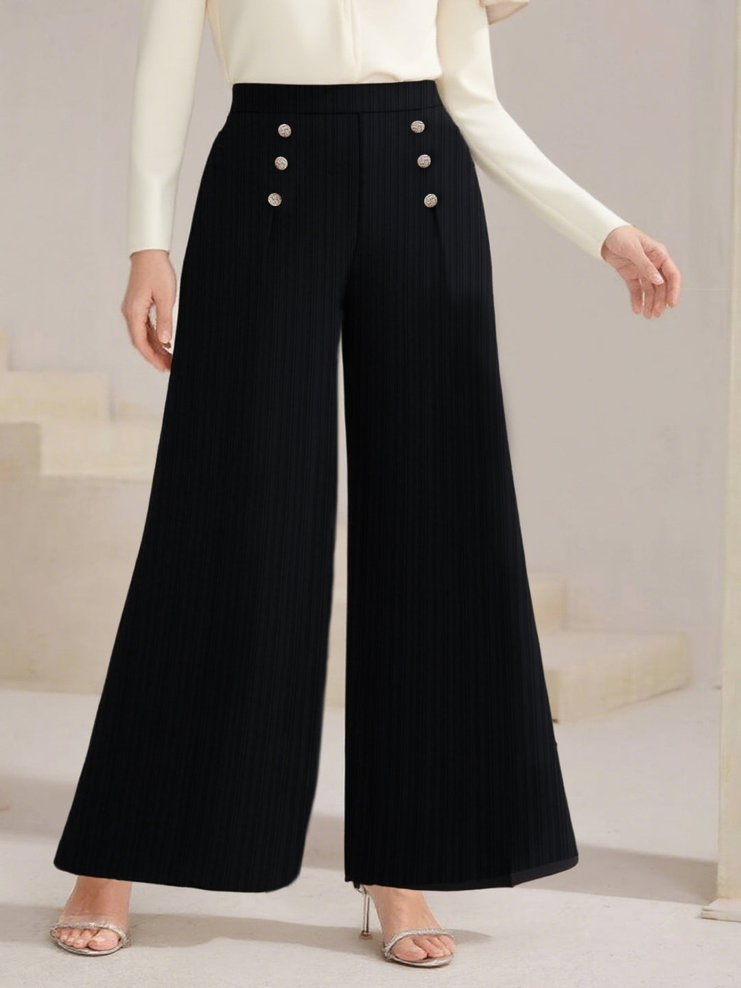 Plus size high-waist wide-leg pants with sailor buttons