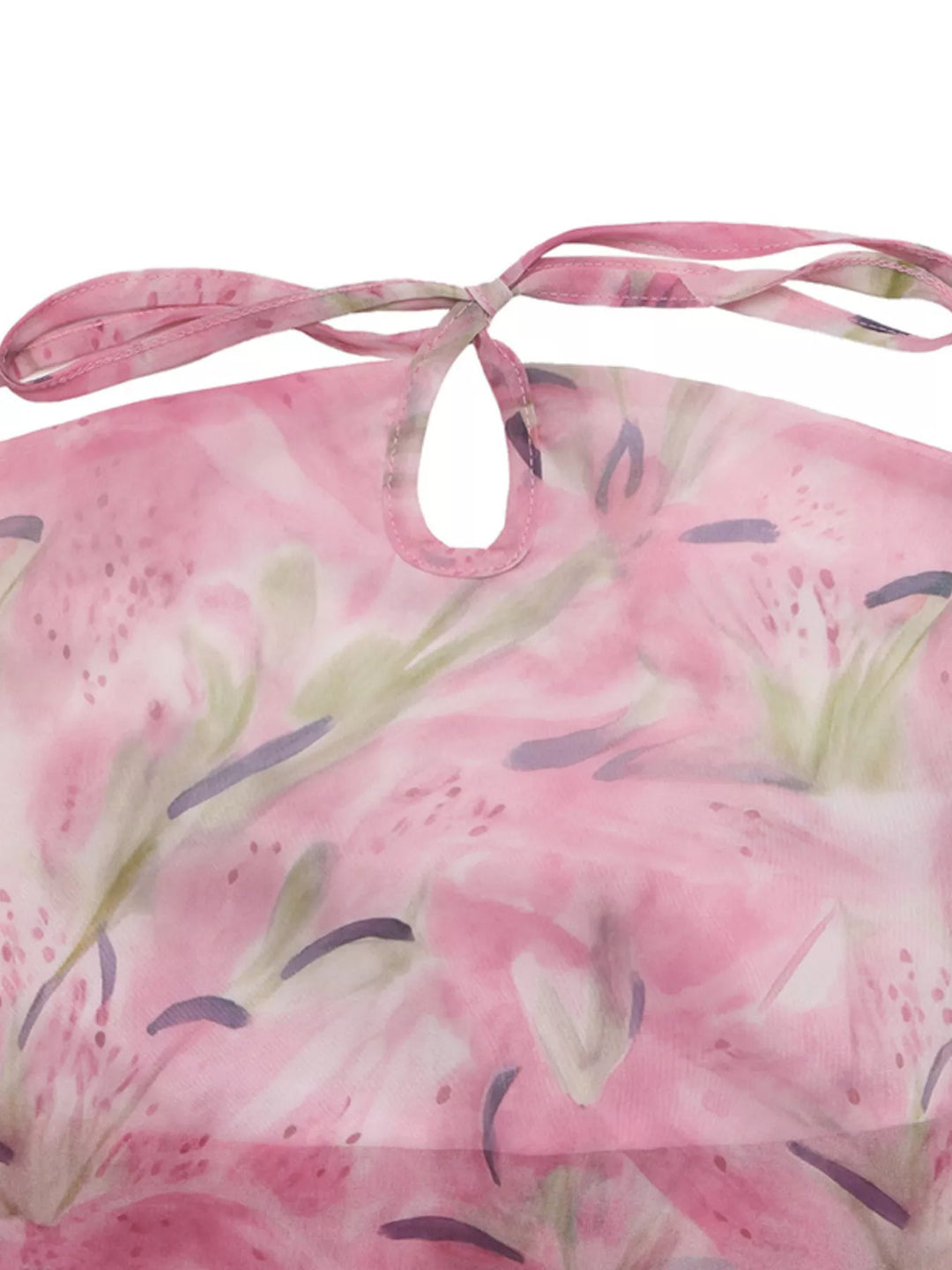 Floral halter cami with keyhole cutout and tiered ruffle hem
