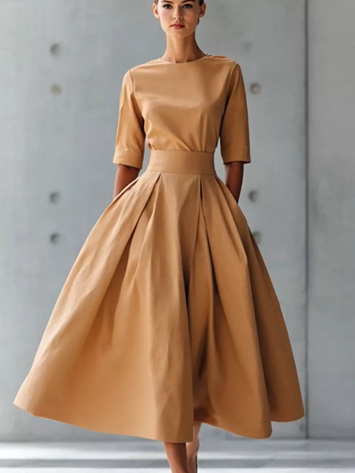 Camel A-line pleated midi dress with side pockets