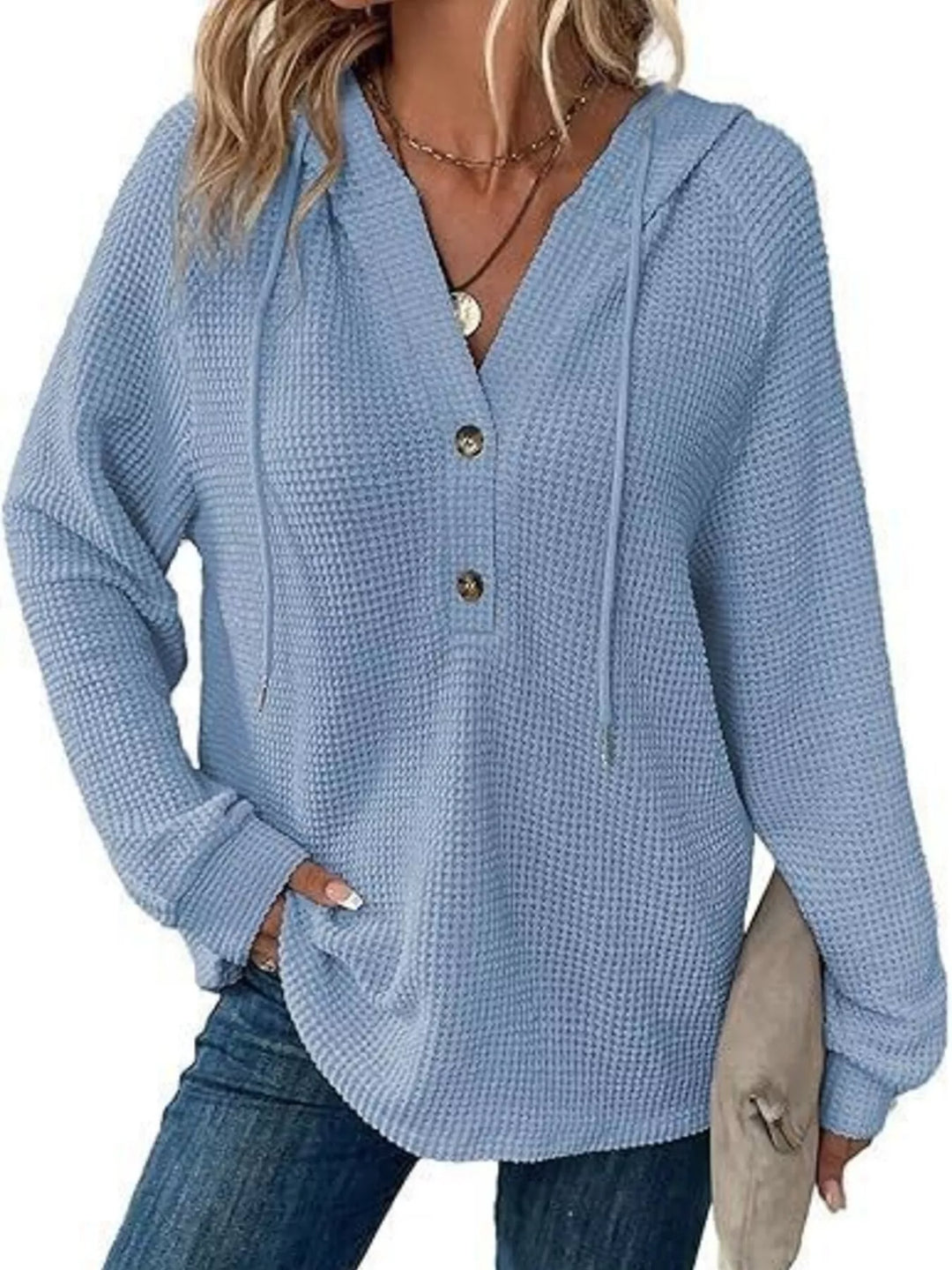 Button-detail waffle knit hoodie with drawstring hood