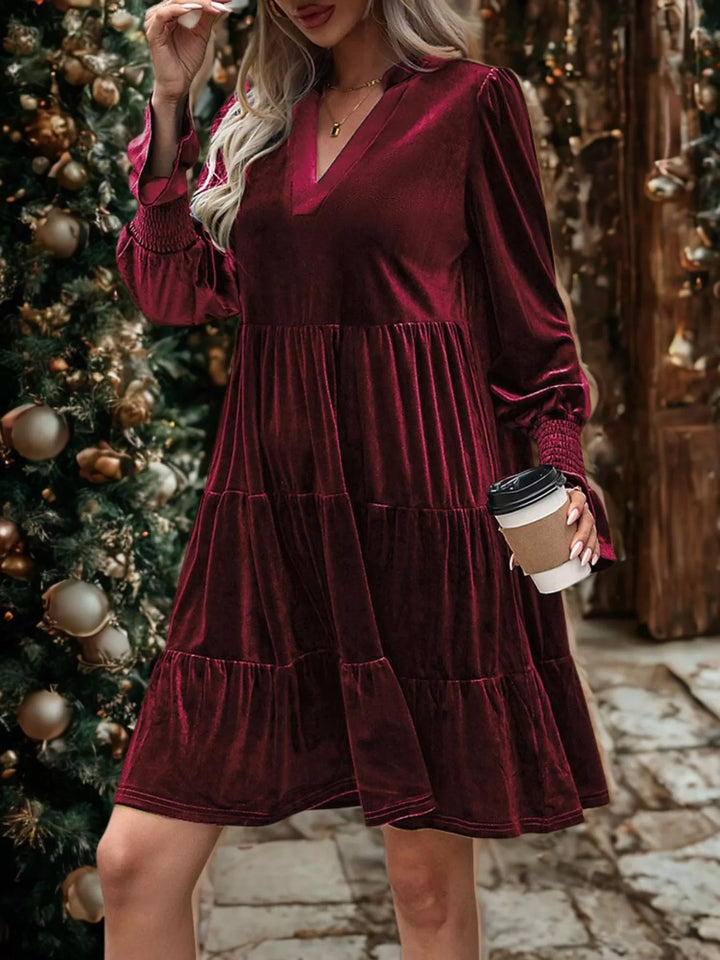 Tiered velvet mini dress with smocked ruffle cuffs