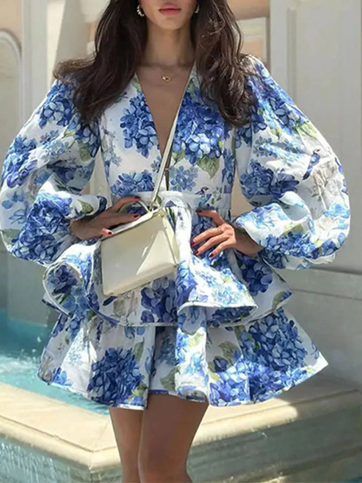 Sky Blue Floral puff sleeve plunge V-neck tiered mini dress