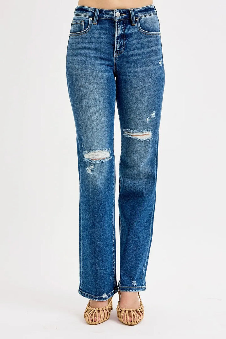 Distressed high-rise straight leg jeans with tummy control