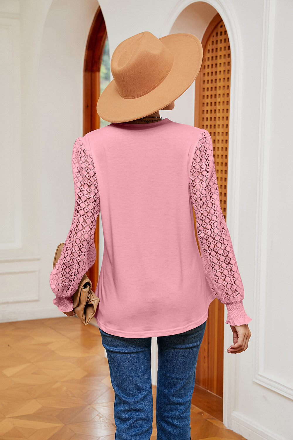 Contrast lace V-neck blouse with crochet long sleeves