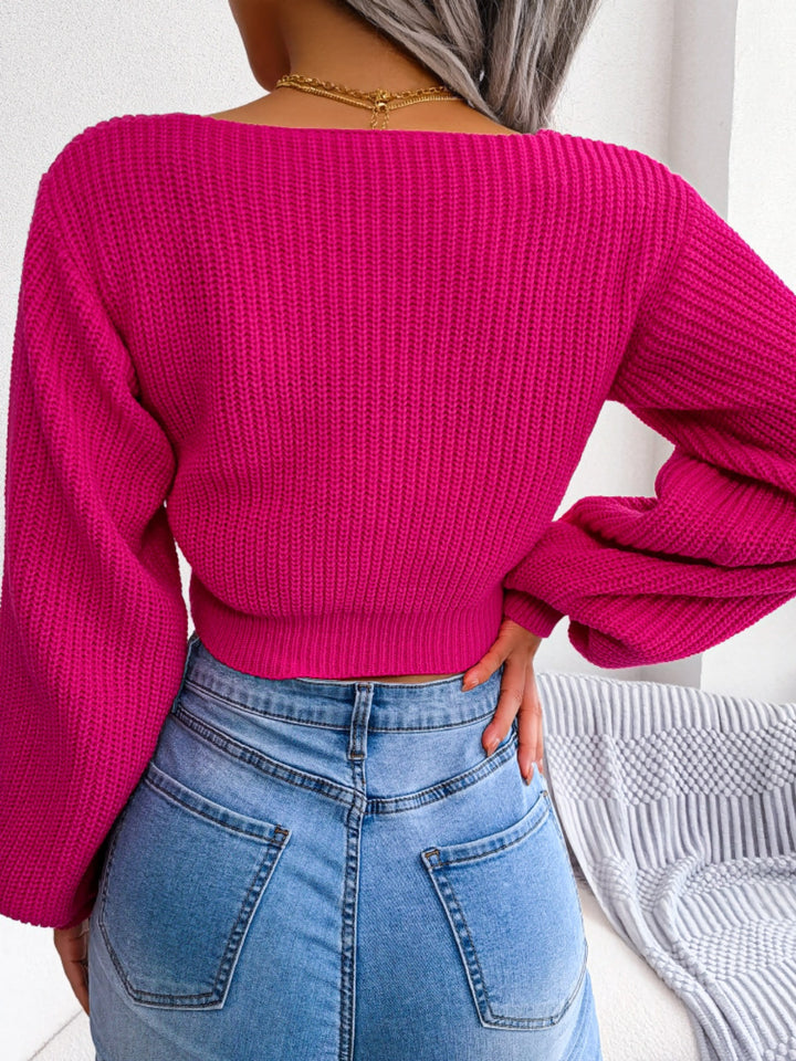 Tie-front ribbed knit cropped sweater with deep V-neck