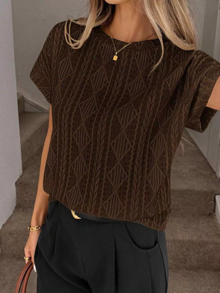 Chocolate Textured diamond knit round neck top with cap sleeves