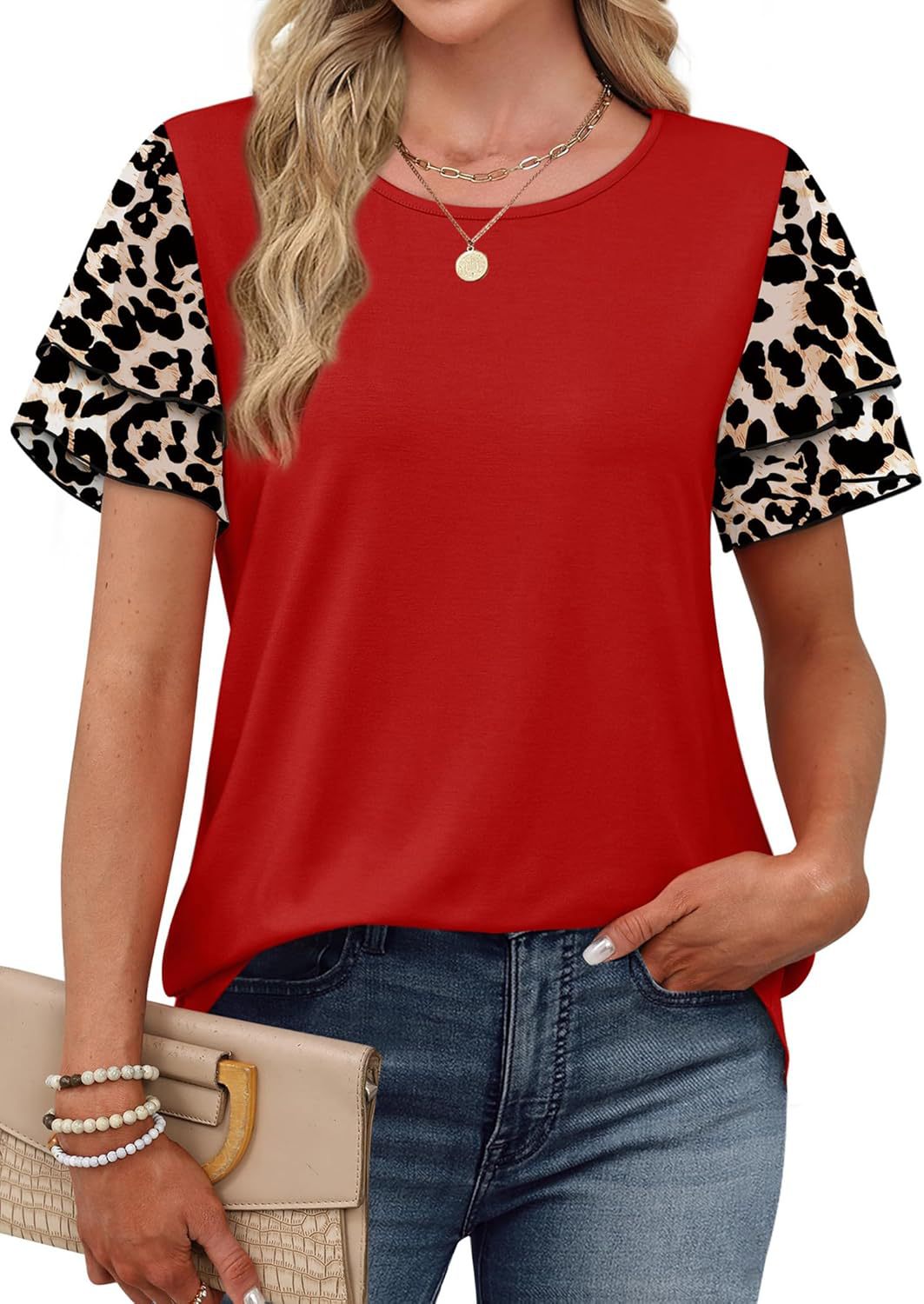 Layered leopard ruffle sleeve round neck top