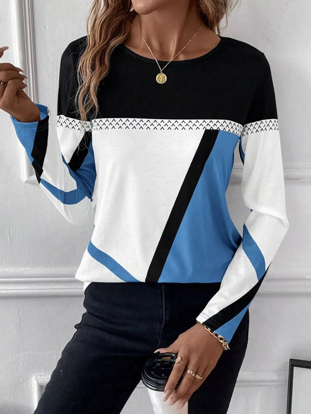 Geometric color block long sleeve crew neck top