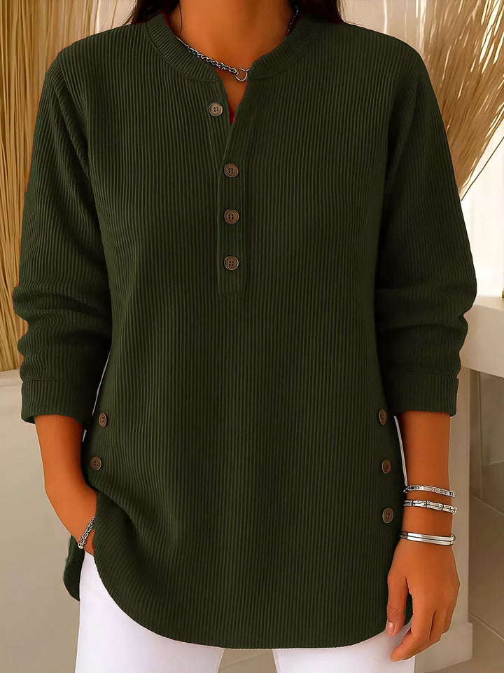 Army Green Ribbed half-button henley top with side buttons