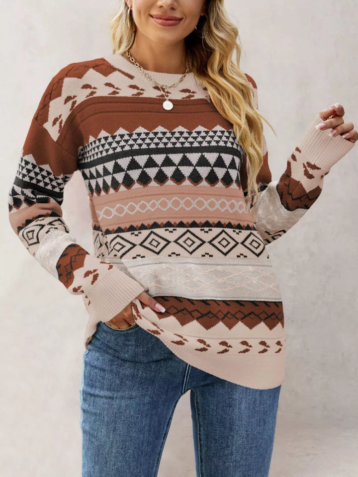 Geometric drop shoulder knit sweater with ribbed cuffs