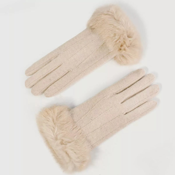 Cream Faux fur cuff knit gloves with touchscreen fingertips