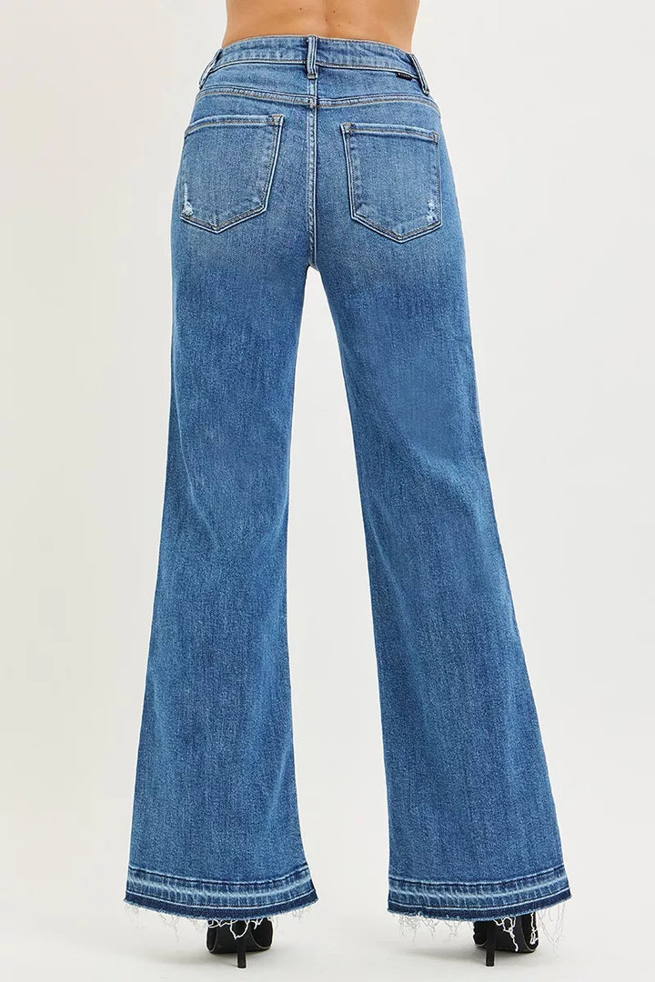 High-rise wide leg jeans with raw released hem