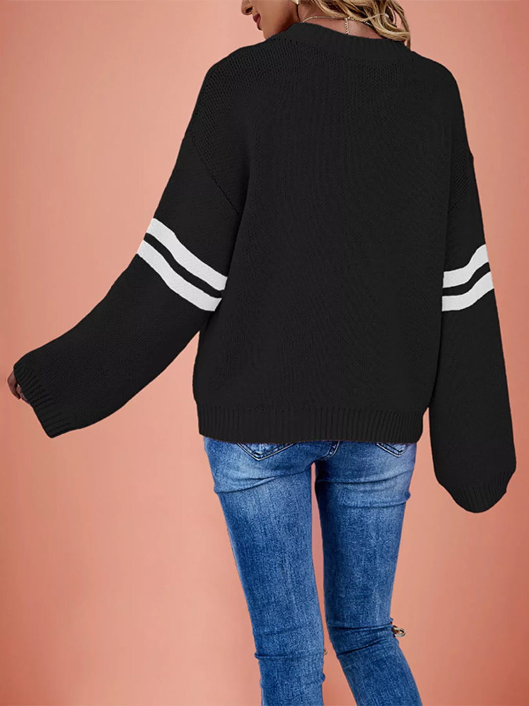 Heart intarsia drop shoulder sweater with varsity stripe sleeves