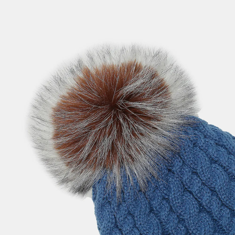 Braided cable knit pompom beanie with fold-over cuff