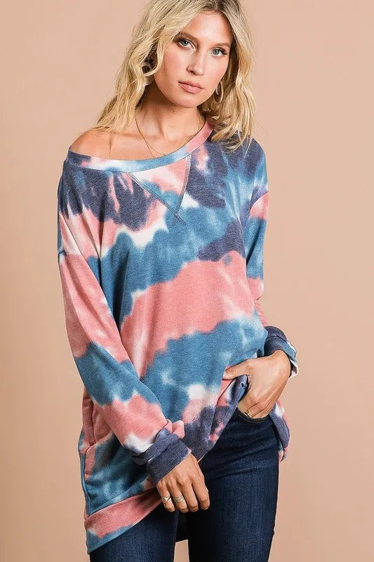 Tie-dye French terry pullover with front stitch detail