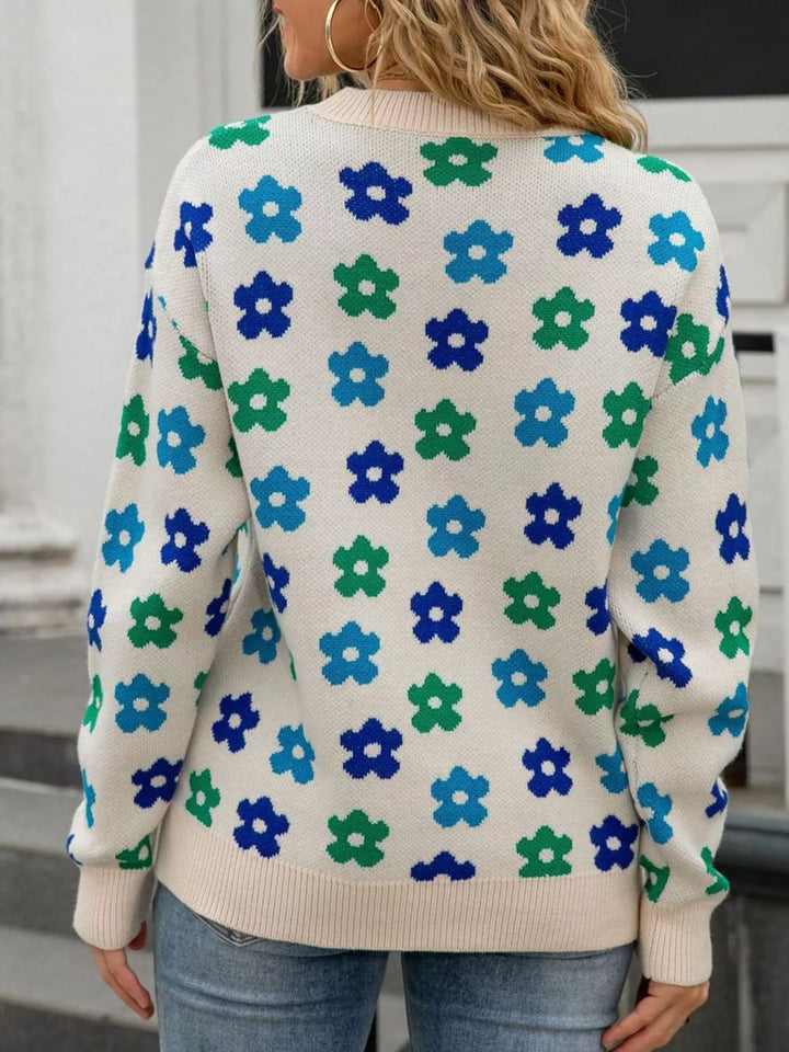 Retro daisy floral crew neck knit sweater