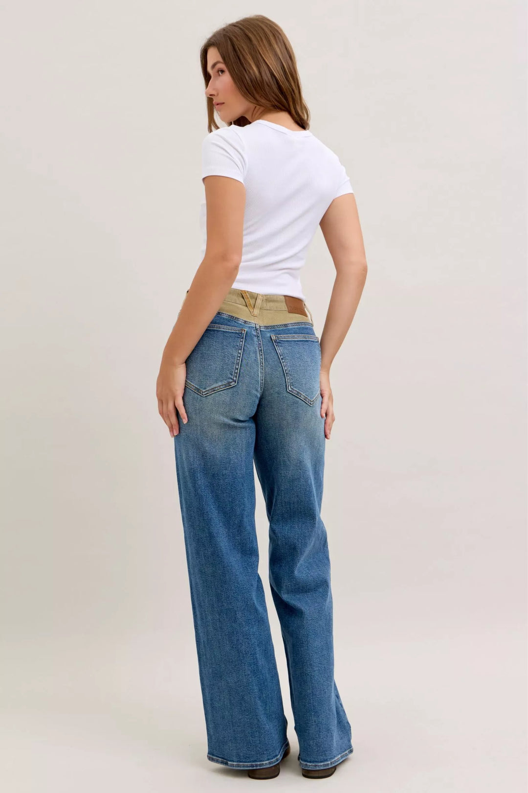 Mid-rise straight leg jeans with corduroy waistband