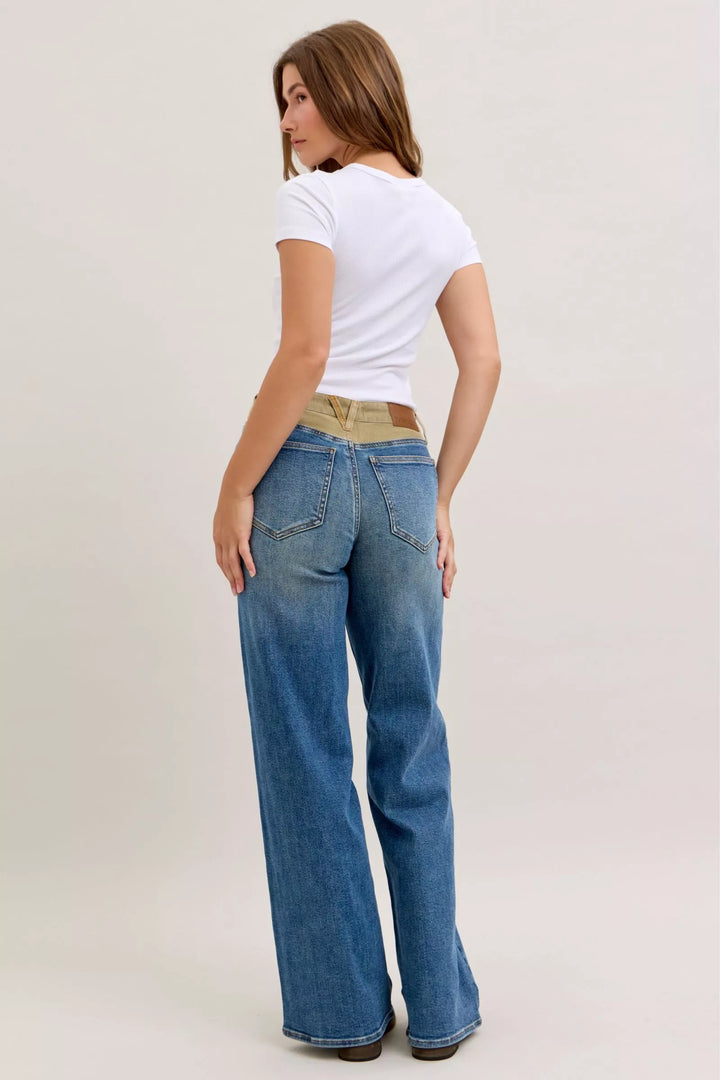 Mid-rise straight leg jeans with corduroy waistband