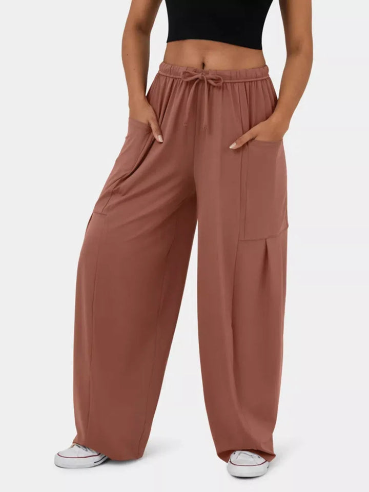 Light Brown High-rise drawstring wide-leg pants with patch pockets