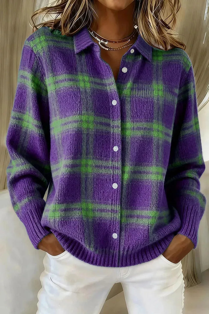 Purple Plaid button-down knit cardigan with ribbed cuffs and hem