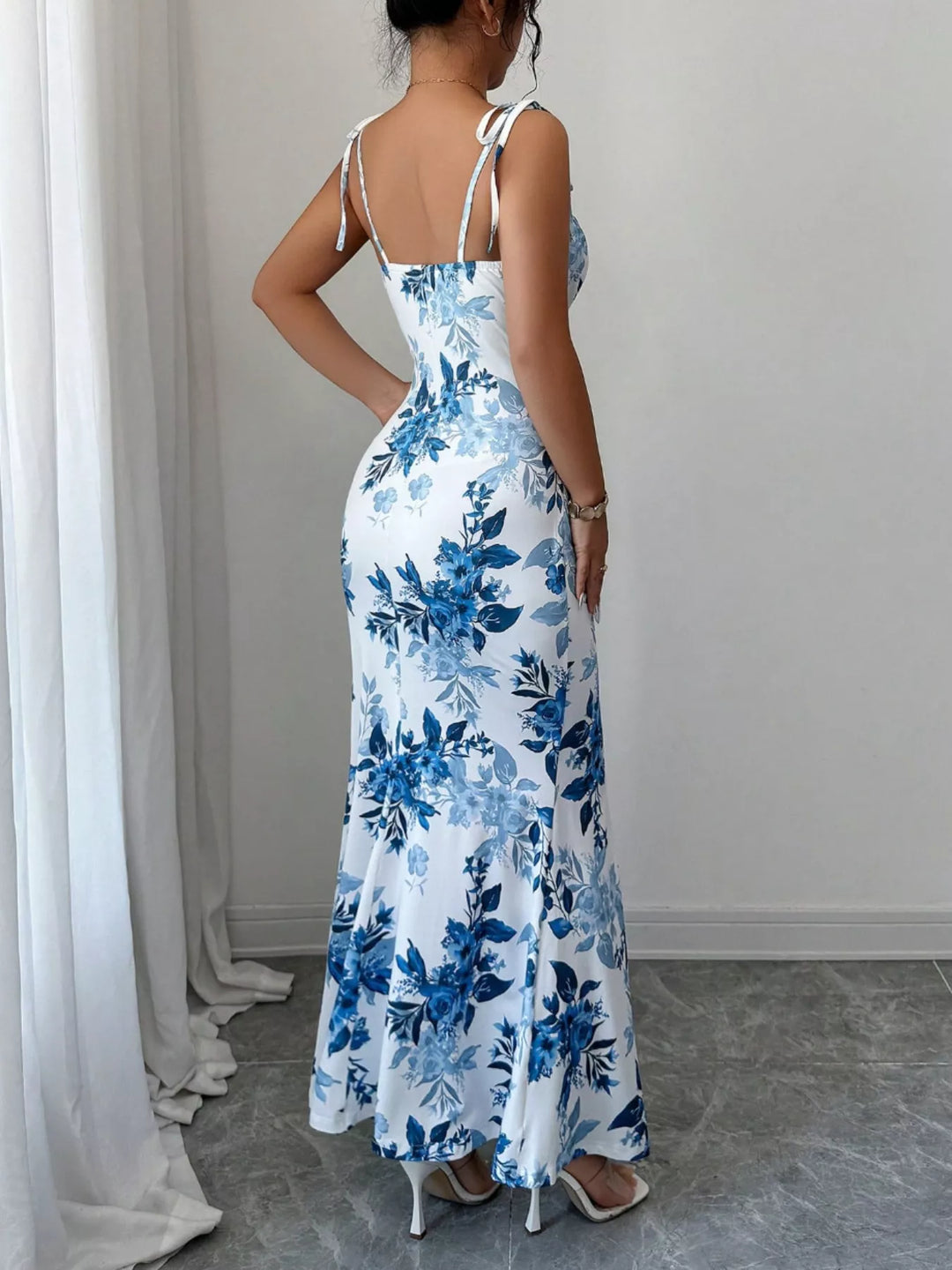 Floral print tie-strap maxi dress with side slit