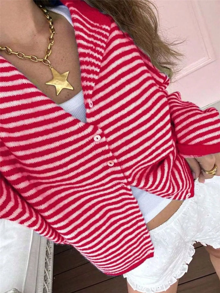 Striped lightweight knit button-front cardigan