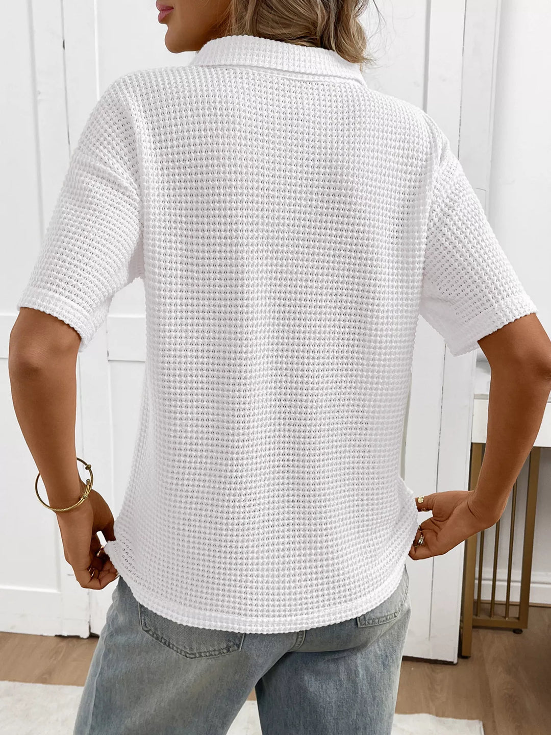 Striped waffle-knit collared short sleeve top