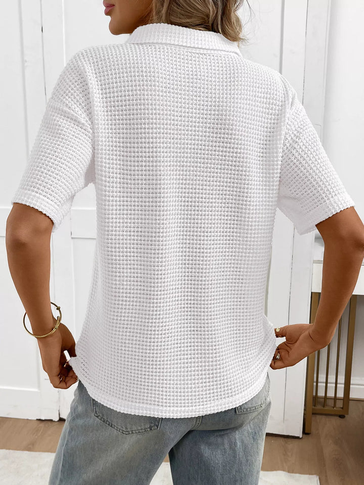 Striped waffle-knit collared short sleeve top